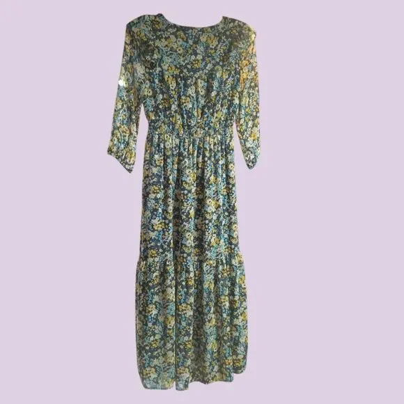 LOFT Floral Midi Shirt Dress Sz XS 0-2 Ruffle Blue Yellow - Picture 4 of 10